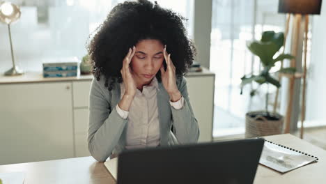 Business-woman,-tired-and-headache-at-laptop