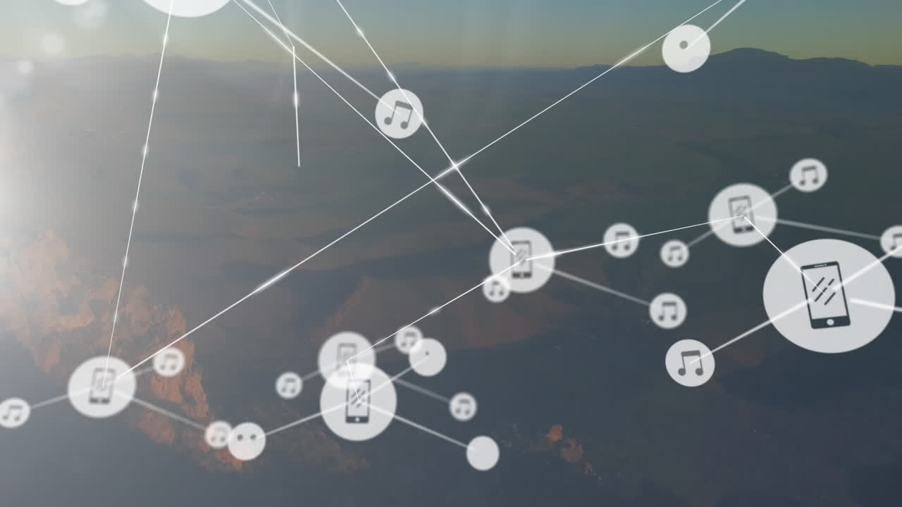 연결된 멀티미디어 아이콘의 네트워크 항공 풍경 위의 애니메이션