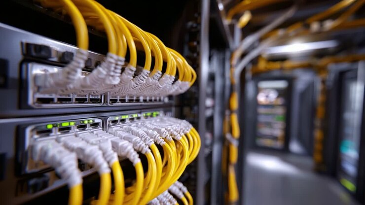 Uno sguardo ravvicinato all'infrastruttura di rete con cavi gialli che collegano i server in un moderno ambiente di data center: una panoramica sulla connettività e la gestione dei dati