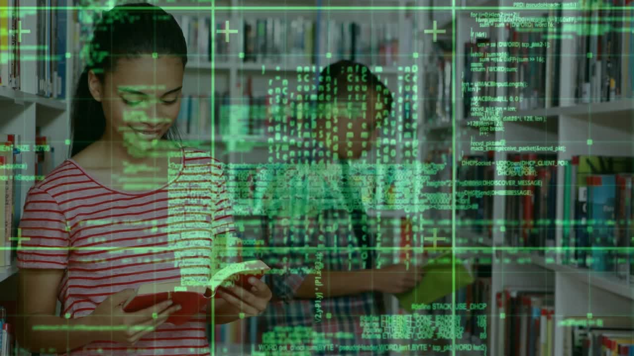 Pulsing code overlay revealing library, girl flipping red book, boy browsing green binder for study