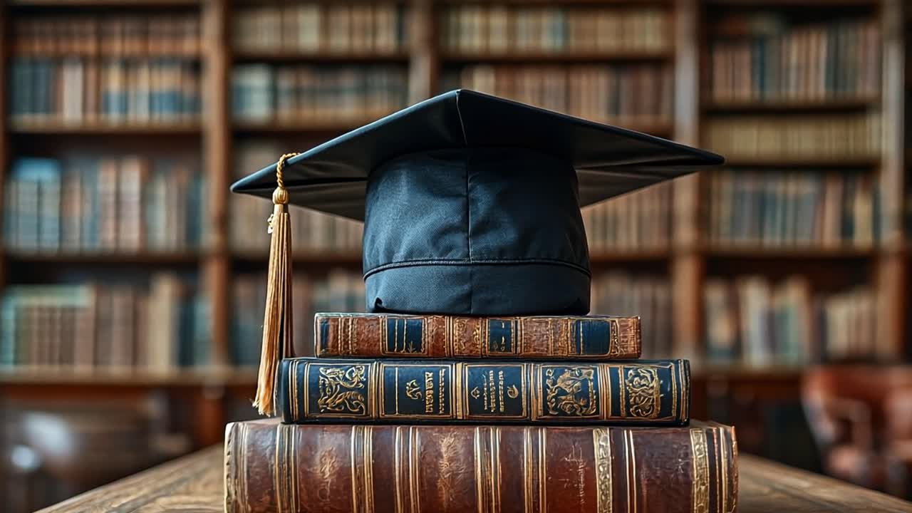 Graduation Cap on Books in Library