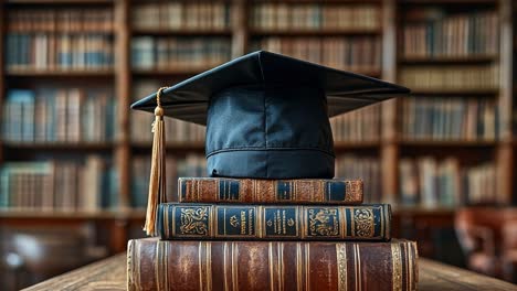 graduation cap on books in library