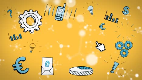 digital animation of molecular structures over multiple business concept icons on yellow background