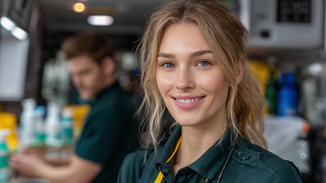 Dedicated Professional in a Service Environment: Confident Team Member Smiling in a Busy Setting, Focused on Delivering Quality Service and Support
