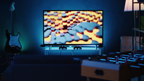 따뜻한 조명을 가진 빈 집에서 tv 화면에서 실행되는 3d 렌더링 애니메이션의 클로즈업  ⁇