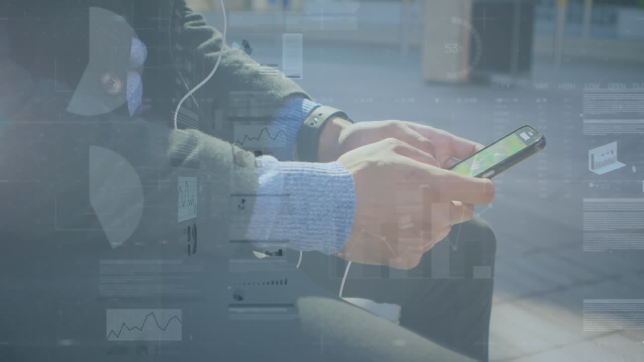 Animation of financial data processing over man using smartphone