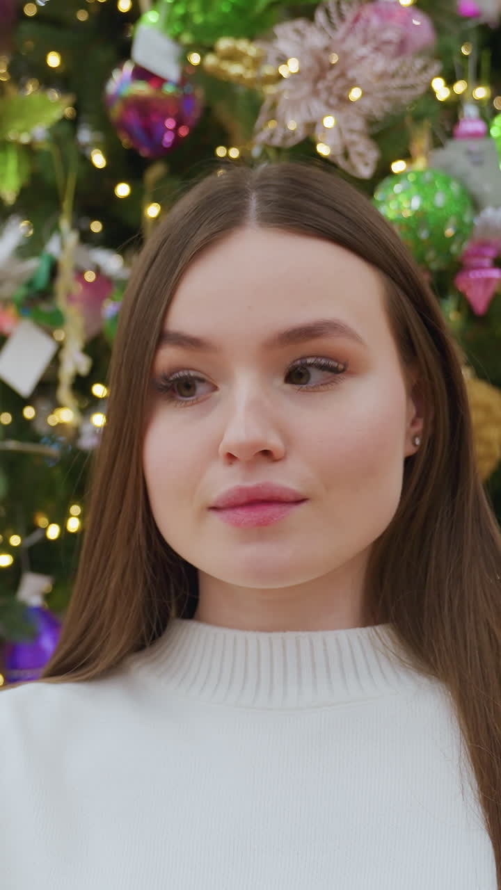 Elegant lady in white sweater takes a selfie in front of vibrant Christmas decor in a well-lit store, she adjusts her hair while a shopper walks by in the background