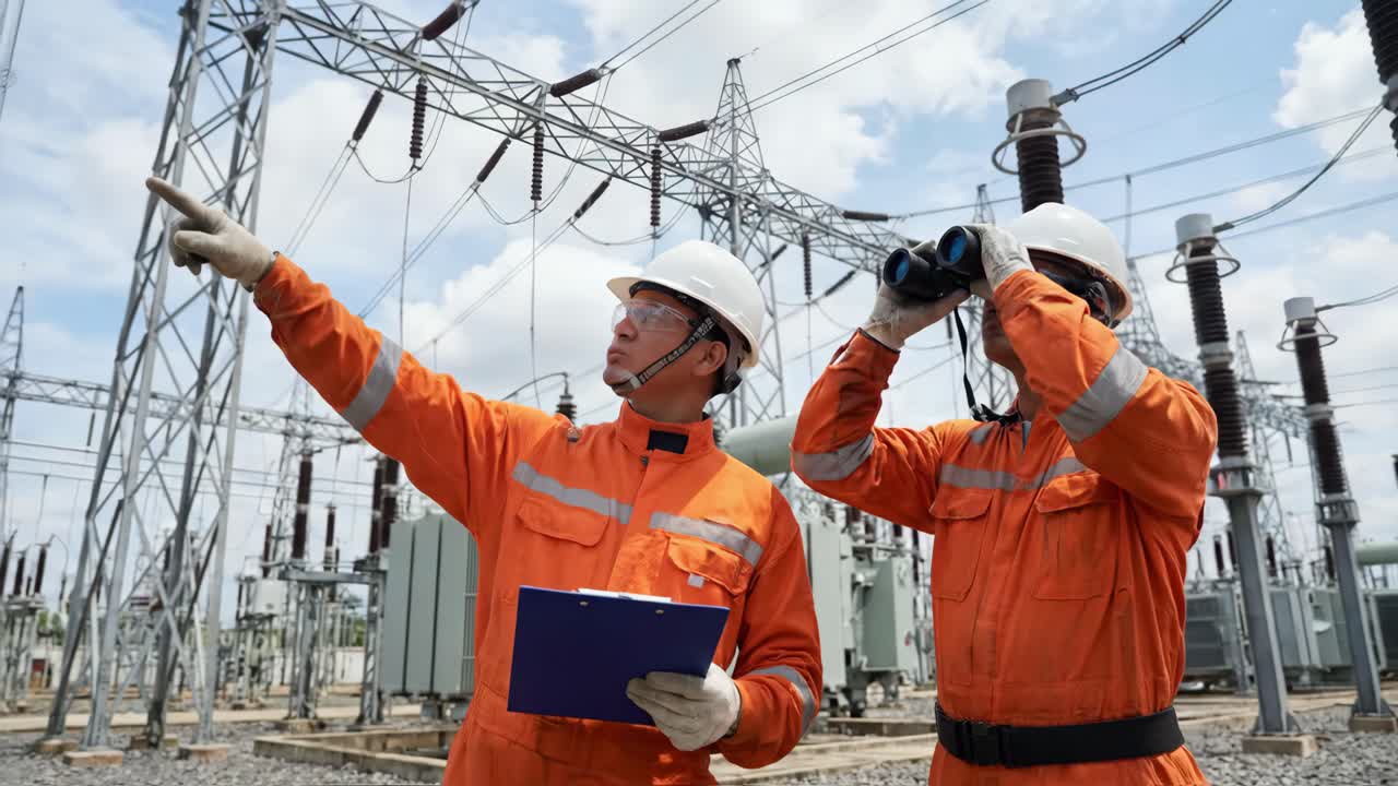 Dos ingenieros inspeccionando equipos de subestaciones eléctricas con binoculares
