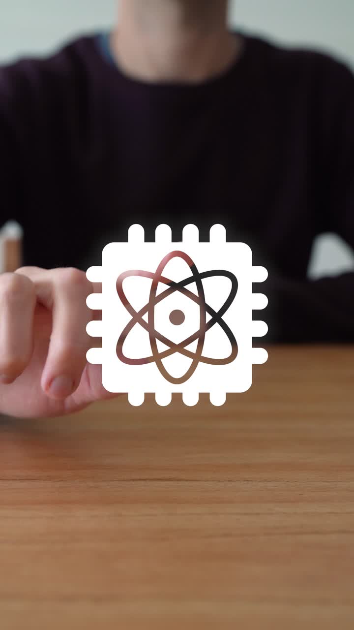 Vertical - Person Taps On Quantum Computing Icon With Atom Inside Microchip, Making The Icon Vanish