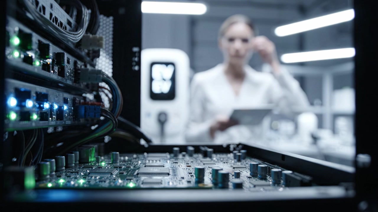 A Focused Technician Analyzes Circuitry in a Modern Tech Lab While Surrounded by Advanced Equipment and Digital Interfaces, Emphasizing Innovation and Precision.