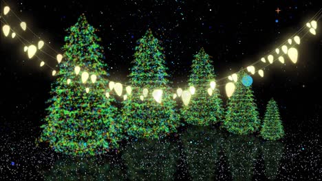 animation of christmas trees and fairy lights with snow falling on blue background