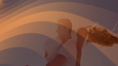 couple having fun with animation over abstract orange wave design background