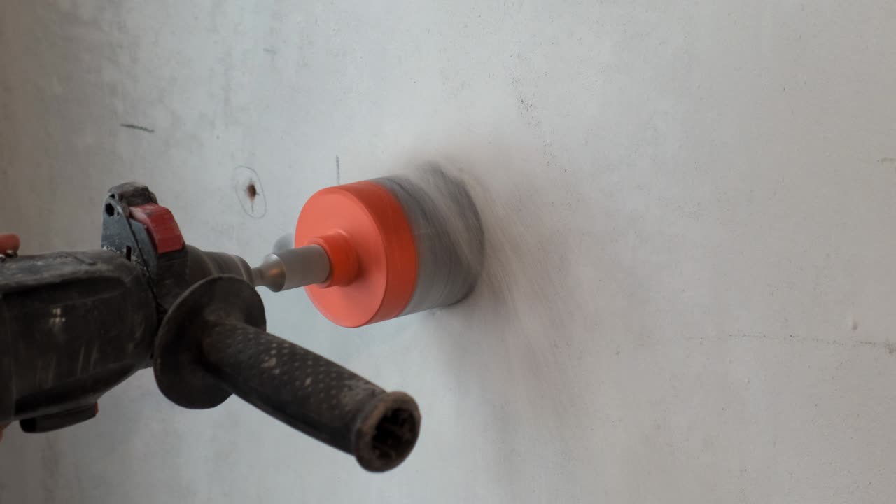Close-up of drill with cylindrical nozzle, construction worker drills plastered brick wall, hole in wall, preparation for pulling electrical wiring, particle of brick, construction work in apartment