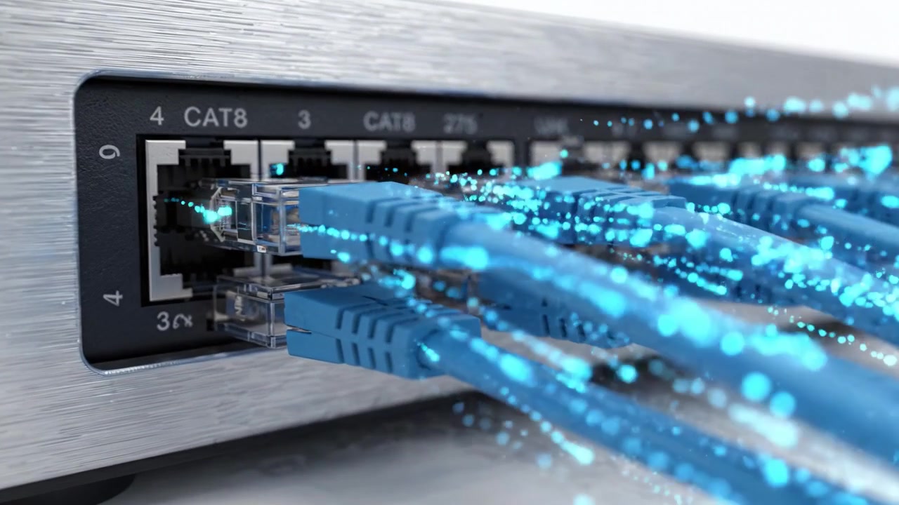 A close-up view of a network switch with multiple vibrant blue Ethernet cables connected, showcasing advanced connectivity and data transfer capabilities.