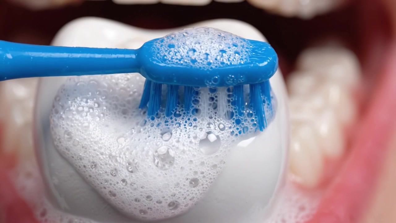 Demonstrating Proper Tooth Brushing Techniques: A Close-Up of a Tooth Being Brushed with Foam, Highlighting the Importance of Oral Hygiene and Clean Teeth
