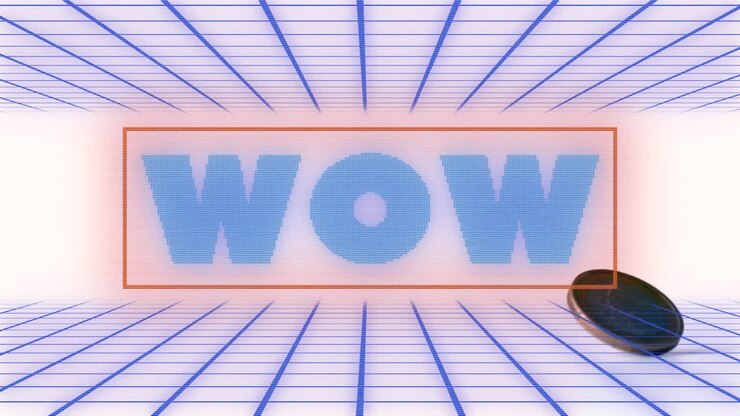 Animazione di testo "wow" su moneta e forme