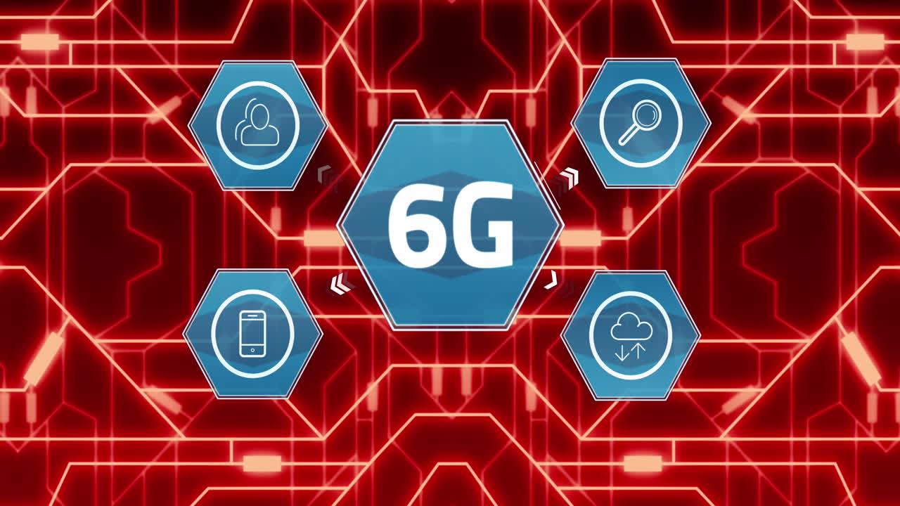 데이터 처리 및 6g 텍스트와 함께 컴퓨터 회로판의 애니메이션