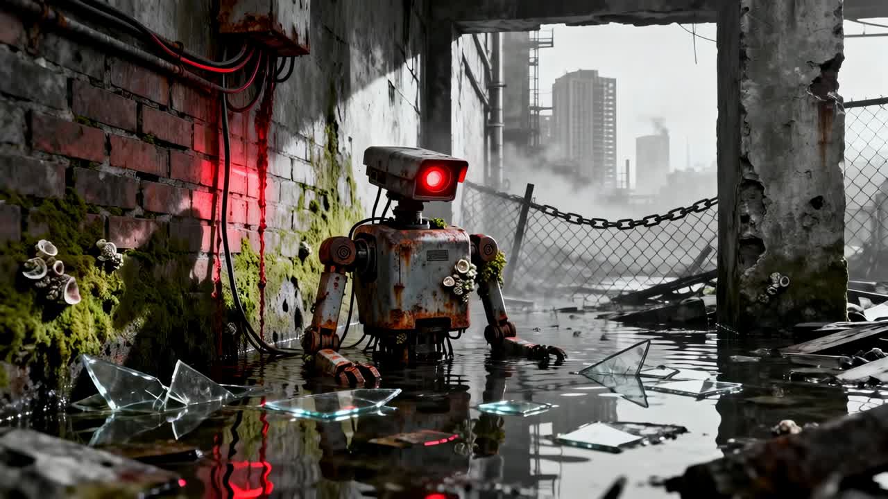 Powering red lens, rusted boxy robot rising and pushing up out of flooded passage, glass reflecting