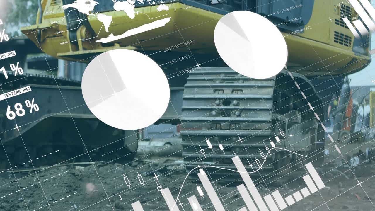 animación de la interfaz infográfica sobre la sección media de la maquinaria del depósito de chatarra en el depósito de chatarra