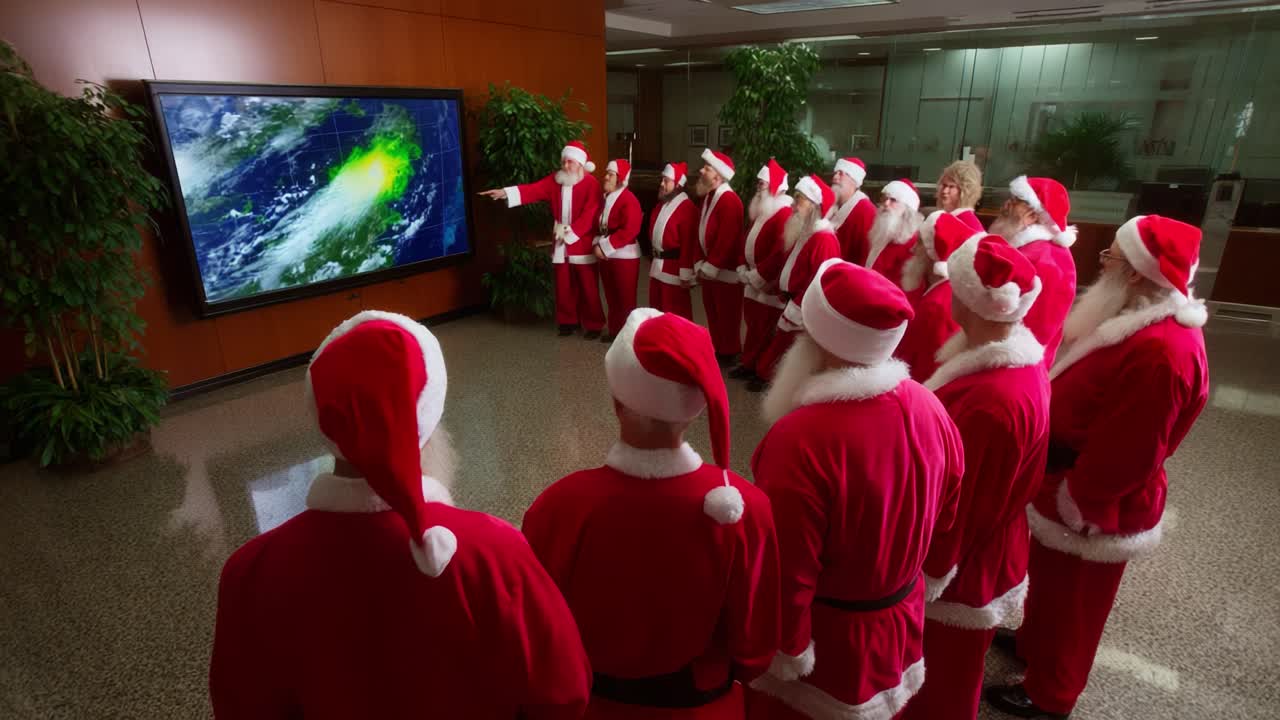 A gathering of Santa Clauses attentively observing a weather report on a large screen, showcasing the festive spirit while dressed in iconic red suits, complete with hats and white beards, amidst a modern setting