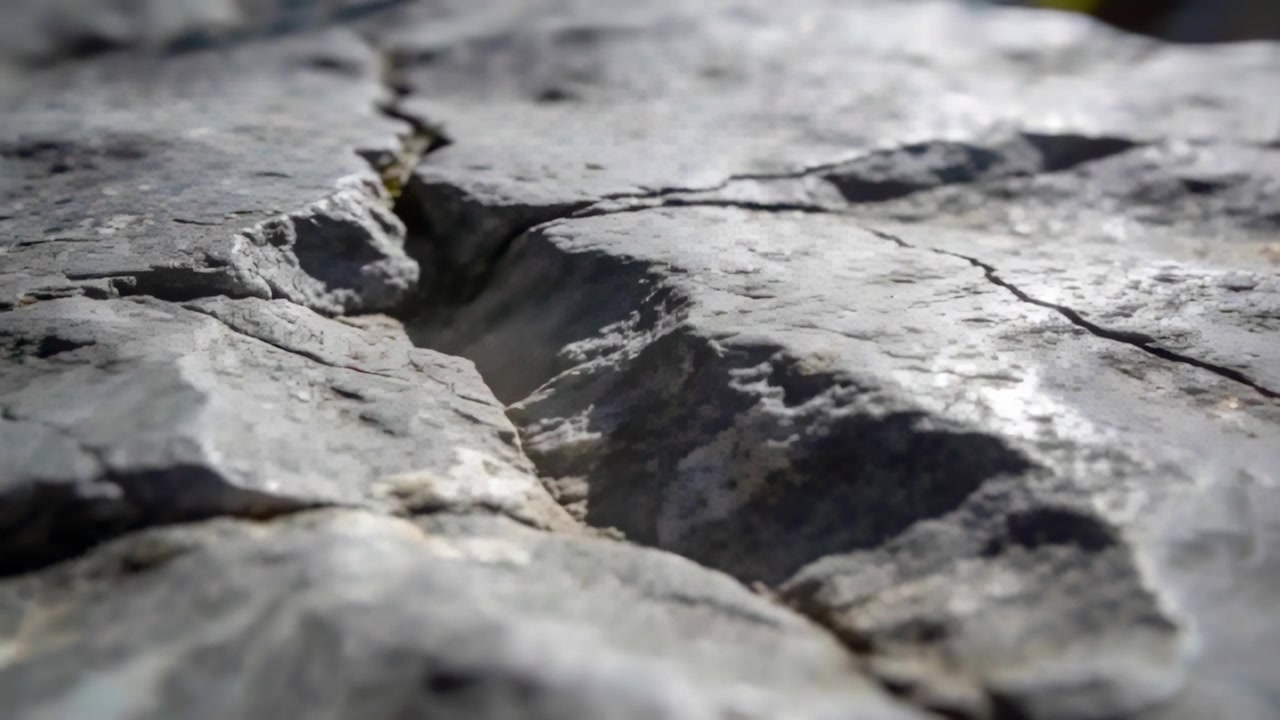Pulling focus, camera revealing rock slab at sunlit outcrop, highlighting fissure and lichen