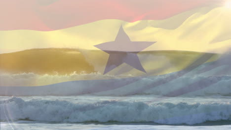 animation of flag of ghana blowing over waves in sea