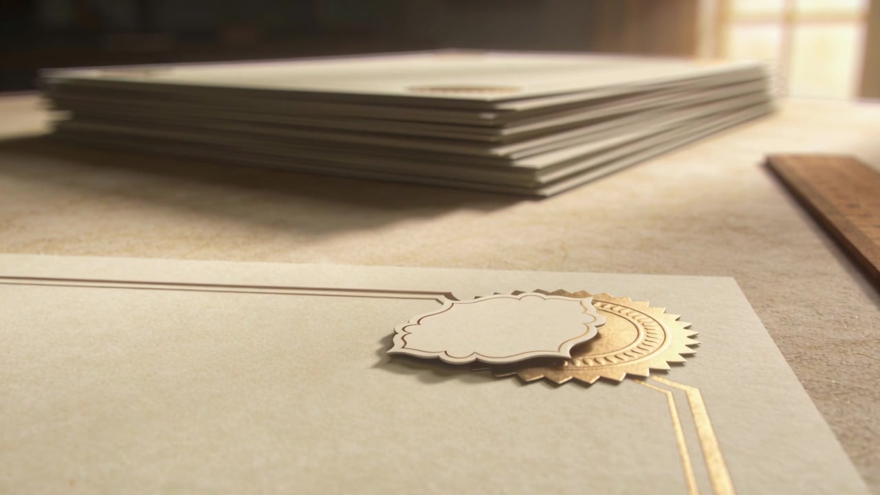 Tilting scalloped paper label shifting on tabletop from window draft, covering gold foil seal