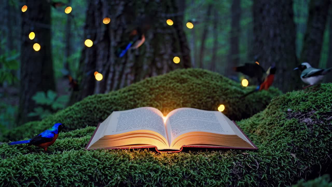 A magical open book on moss, surrounded by glowing lights, captured from a low angle