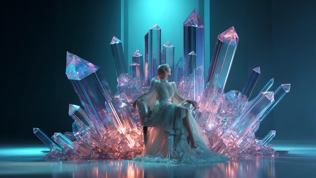 Elegant Woman Surrounded by Iridescent Crystals