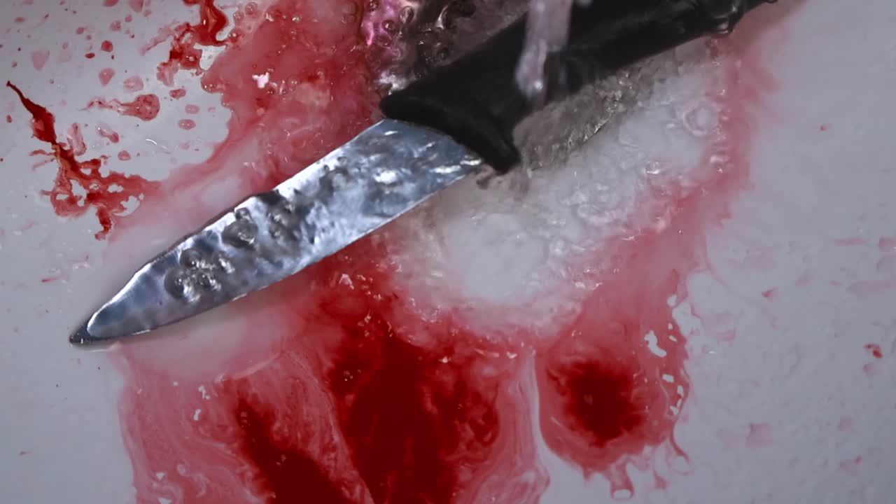Toma cenital que muestra agua enjuagando pintura roja de una pequeña cuchilla y un recipiente, revelando el desagüe y una corriente de agua fluyendo
