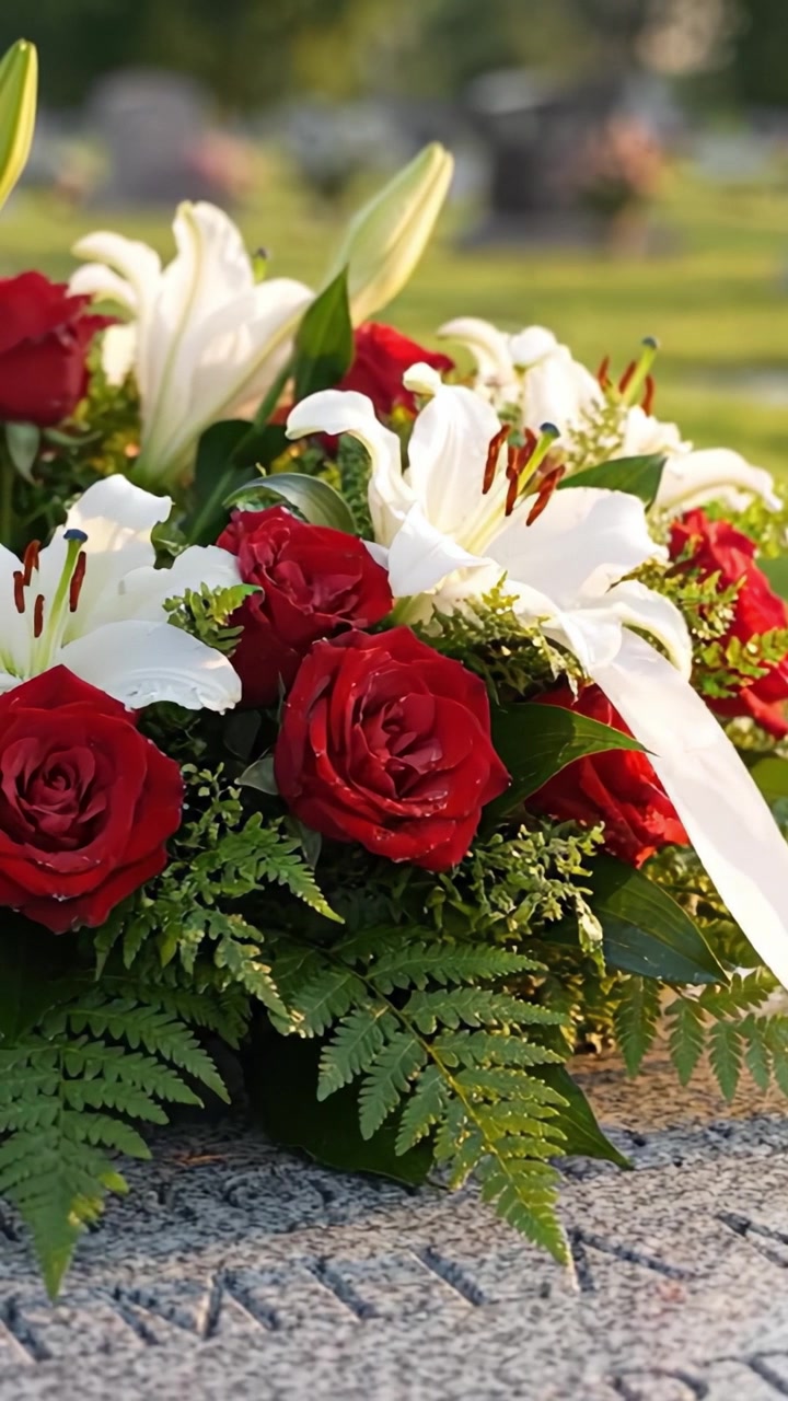 Una splendida composizione floreale di rose rosse e gigli bianchi su una lapide circondata da una vegetazione lussureggiante, che simboleggia ricordo e omaggio.