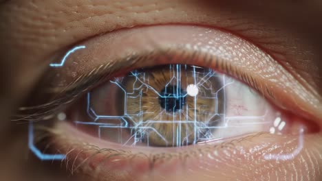 a close-up perspective on a digital eye with intricate patterns and high-tech overlay, merging organic beauty with futuristic technology in captivating detail