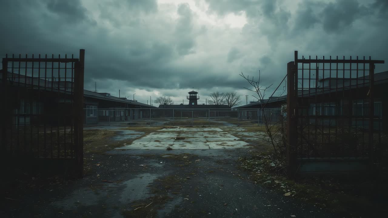 Showing fixed camera capturing courtyard and watchtower through ajar metal gates, documenting decay