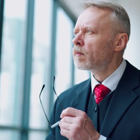 portrait of a senior businessman near the window. mature man in glasses and suit looking down while working in the office. business concept.
