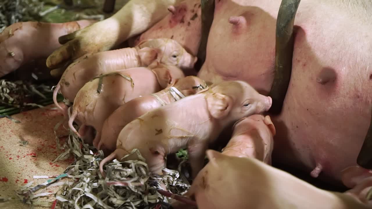 Newborn piglets nursing from mother pig in a farrowing crate