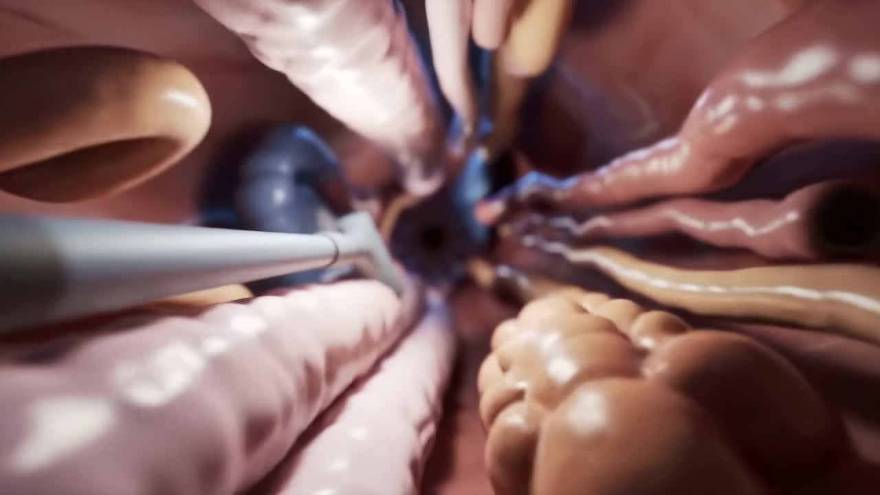Medical professionals conduct a procedure using specialized tools in an operating room. The environment is focused on precision and skill required for successful outcomes.