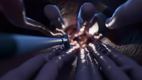 Medical professionals conduct a procedure using specialized tools in an operating room. The environment is focused on precision and skill required for successful outcomes.