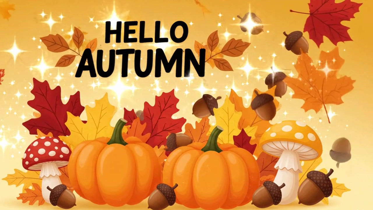 Hello autumn animated card with pumpkins and falling leaves