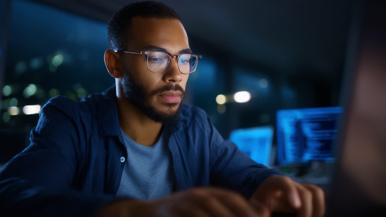 Focused Young Man Working Late at Night on a Computer, Deep in Thought While Analyzing Data in a Cozy Urban Apartment Environment with Soft Ambient Lighting