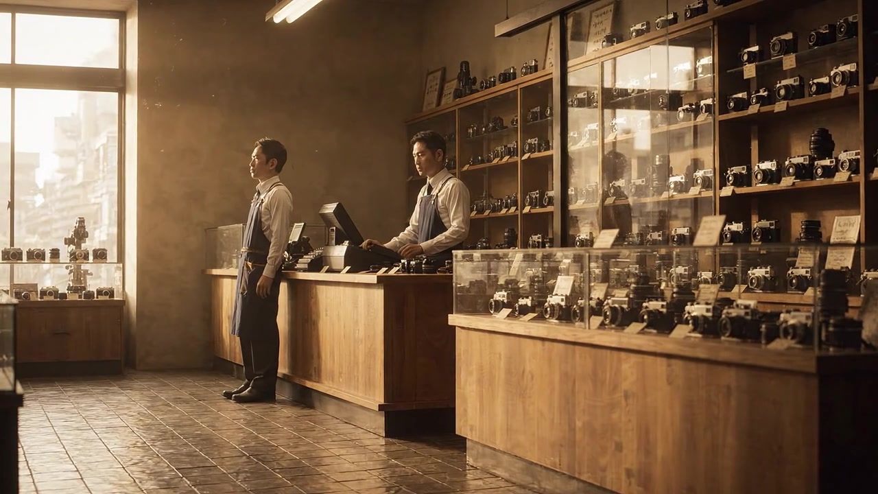A vintage camera store scene showcasing two employees amidst shelves filled with various classic cameras and photography equipment in a warm-toned ambient environment.