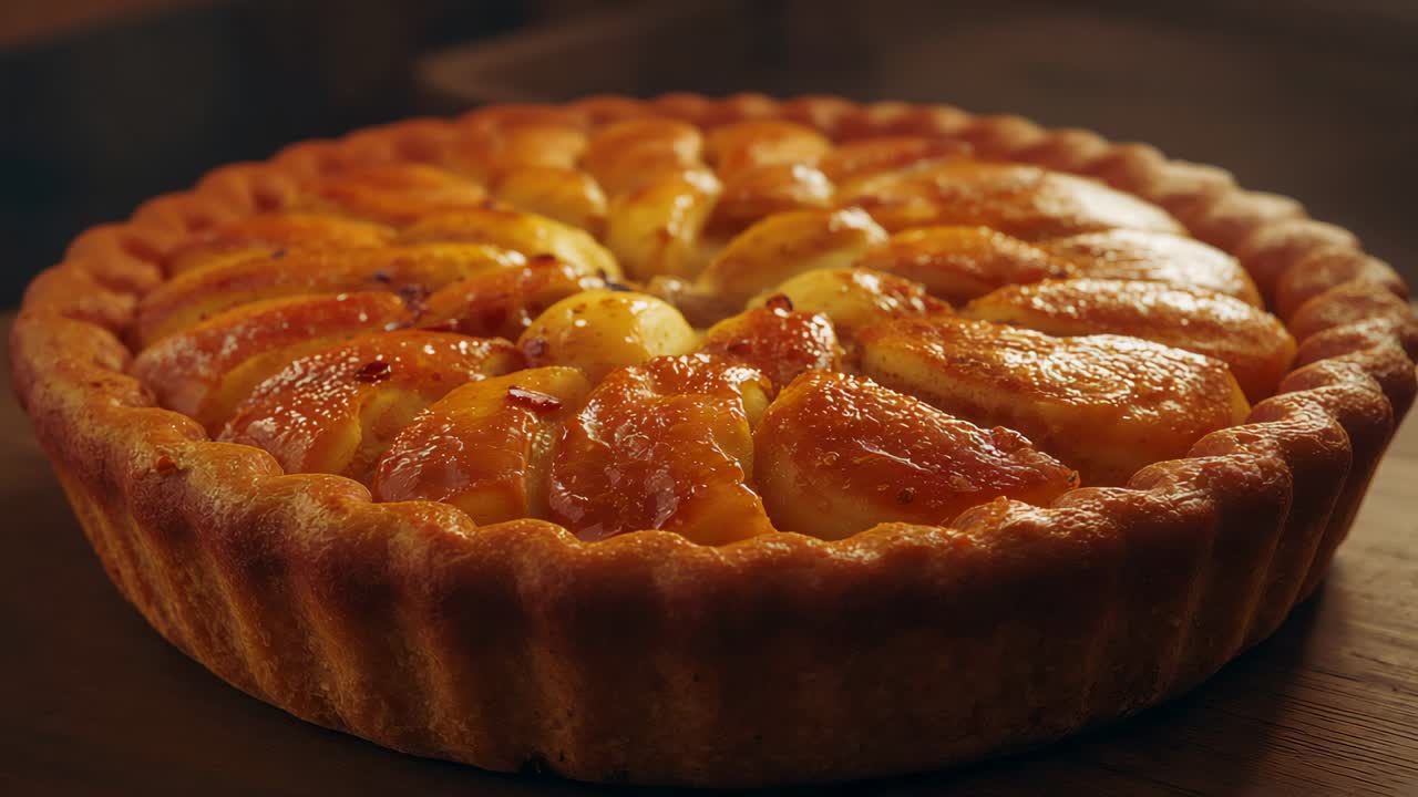 Illuminazione calda mutevole che guida la fotocamera catturando una crostata di frutta su un tavolo rustico che mostra una crosta dorata