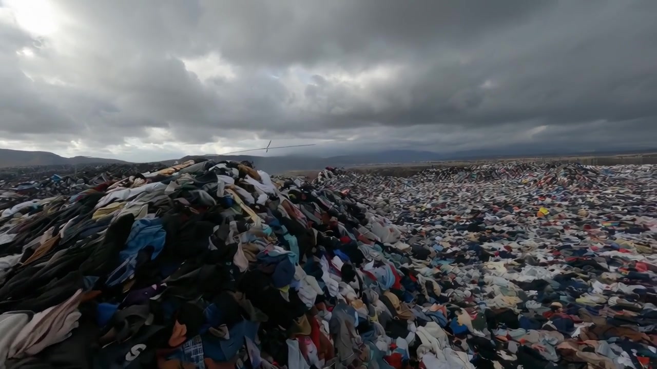Aerial View of Massive Clothing Waste Dump in Desert Landscape