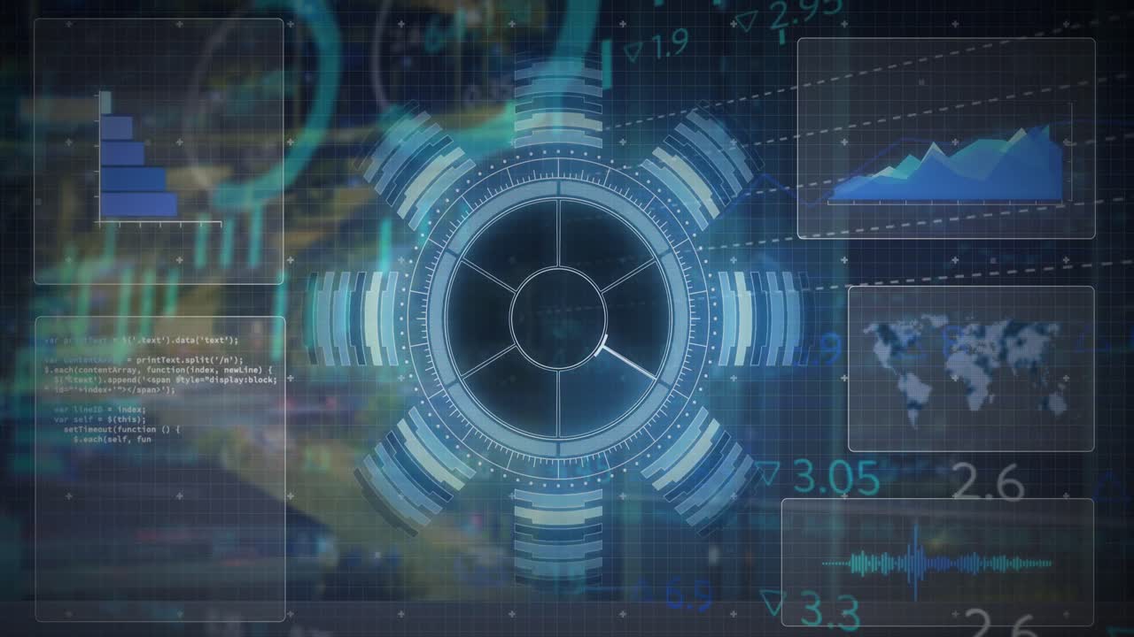 animación de la interfaz con procesamiento de datos y escáner redondo contra fondo azul