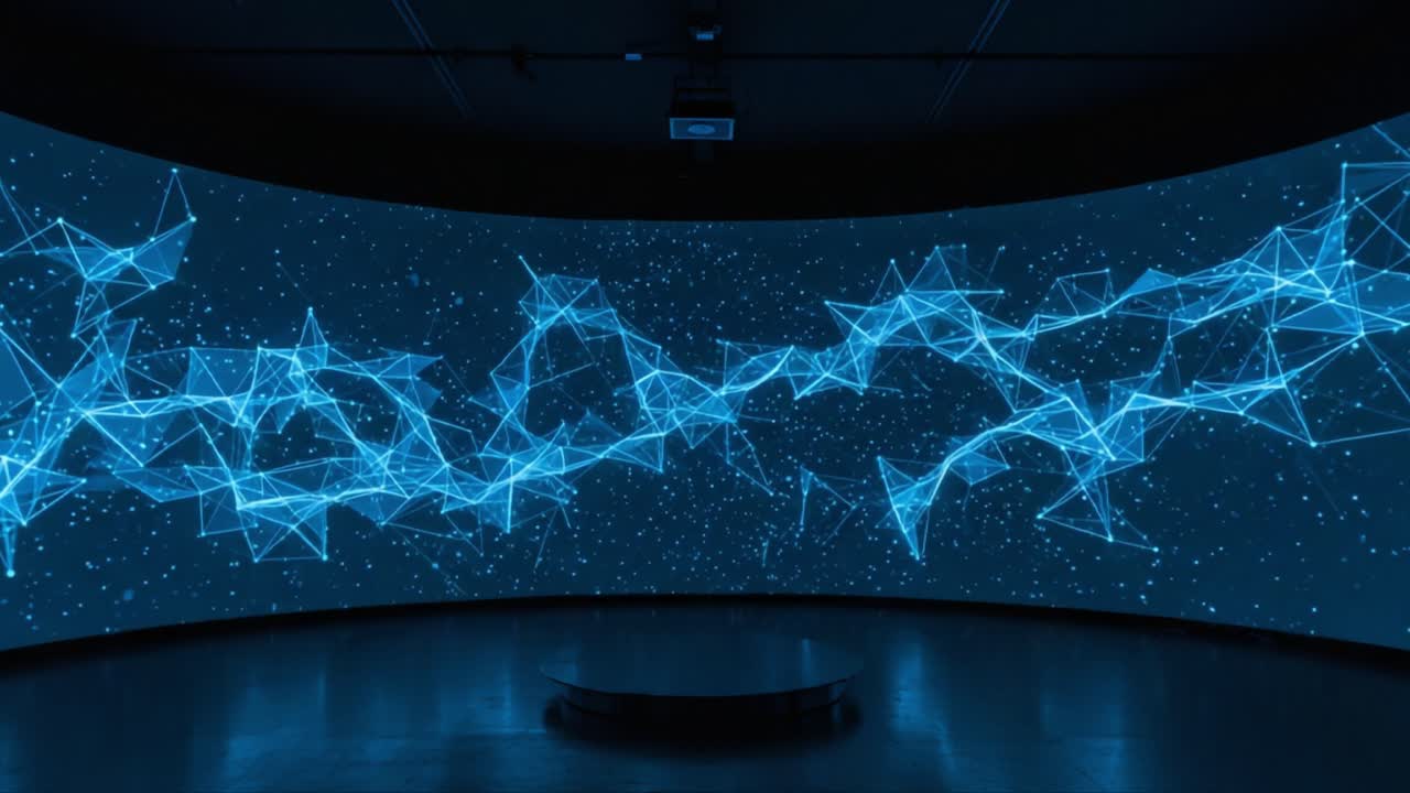 A Stunning Visualization of Energy Waves: An Immersive Experience with Bright Blue Particle Lines and a Dynamic Starry Background in a High-Tech Environment