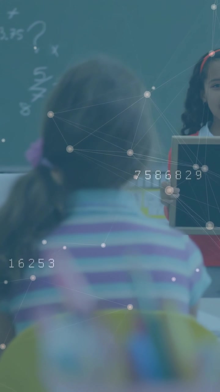 Vertical video: Student turning as peer coming with slate showing reply class board and nodes on