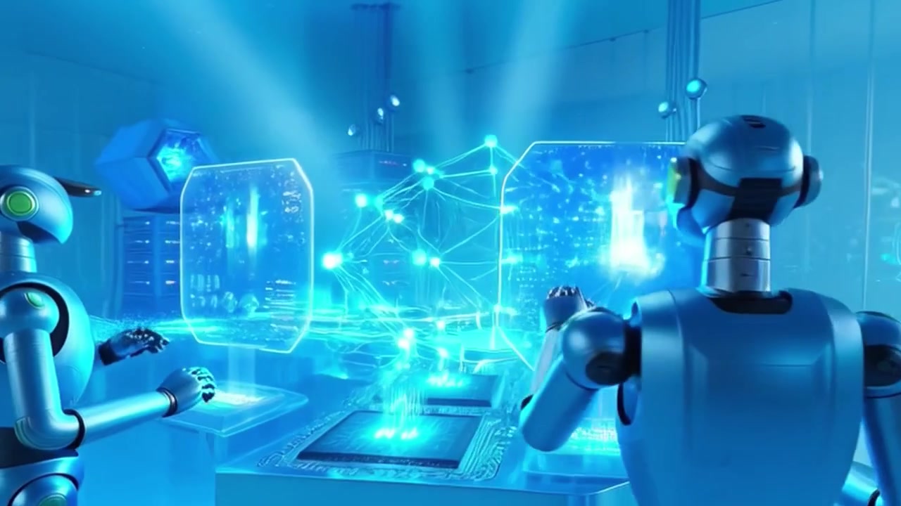 Robots Interacting with Holographic Data in Futuristic Server Room