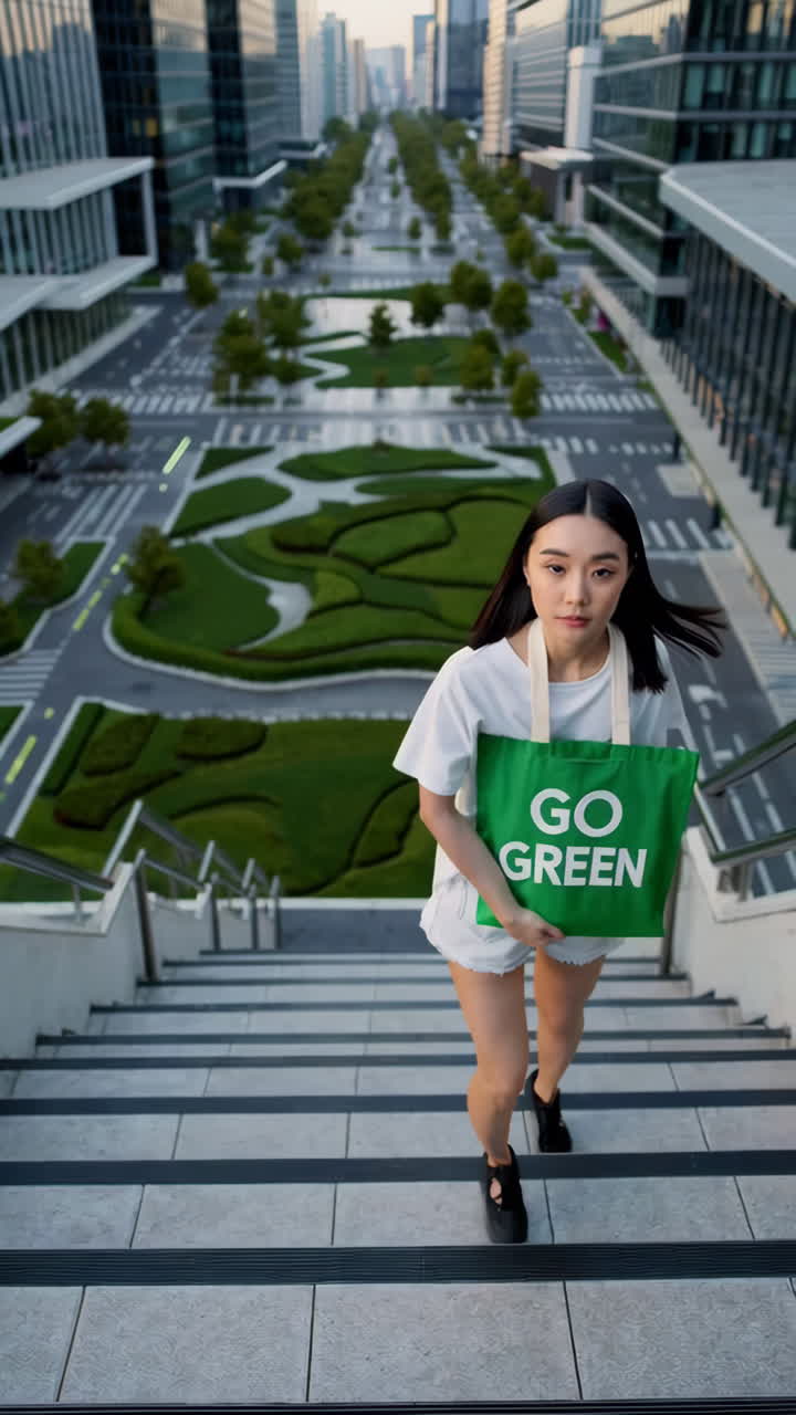Donna con borsa 'GO GREEN' che scende le scale in una città moderna