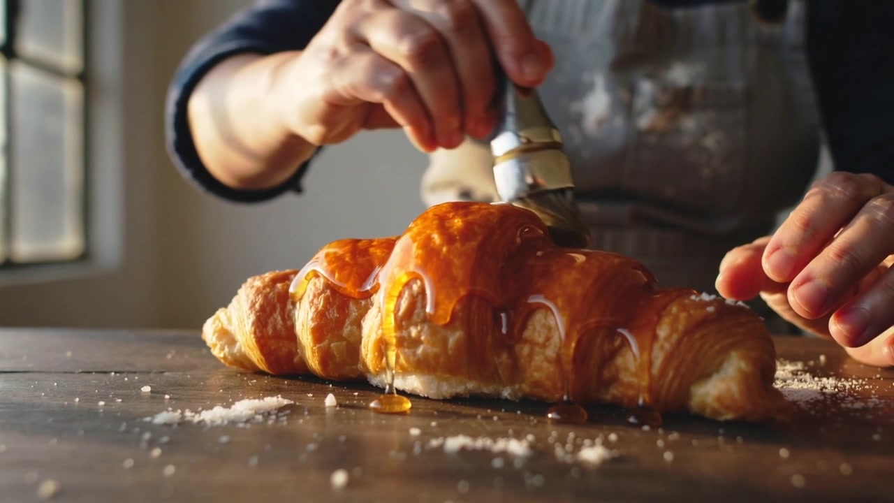 Appare dall'alto la mano di un fornaio che intinge un pennello per glassare un croissant vicino a una finestra, con il grembiule macchiato per la lucentezza.