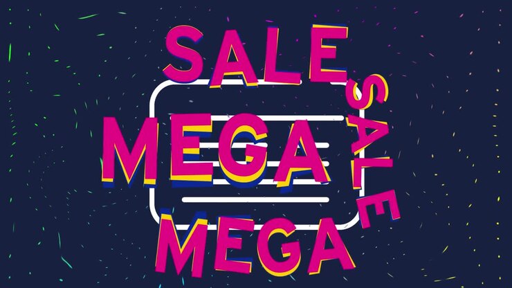 Animation of mega sale text over particles on blue background