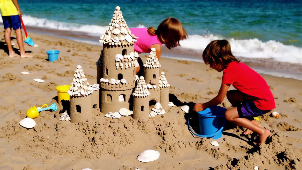 아이들이 해변에 모래 성을 짓고 있습니다.